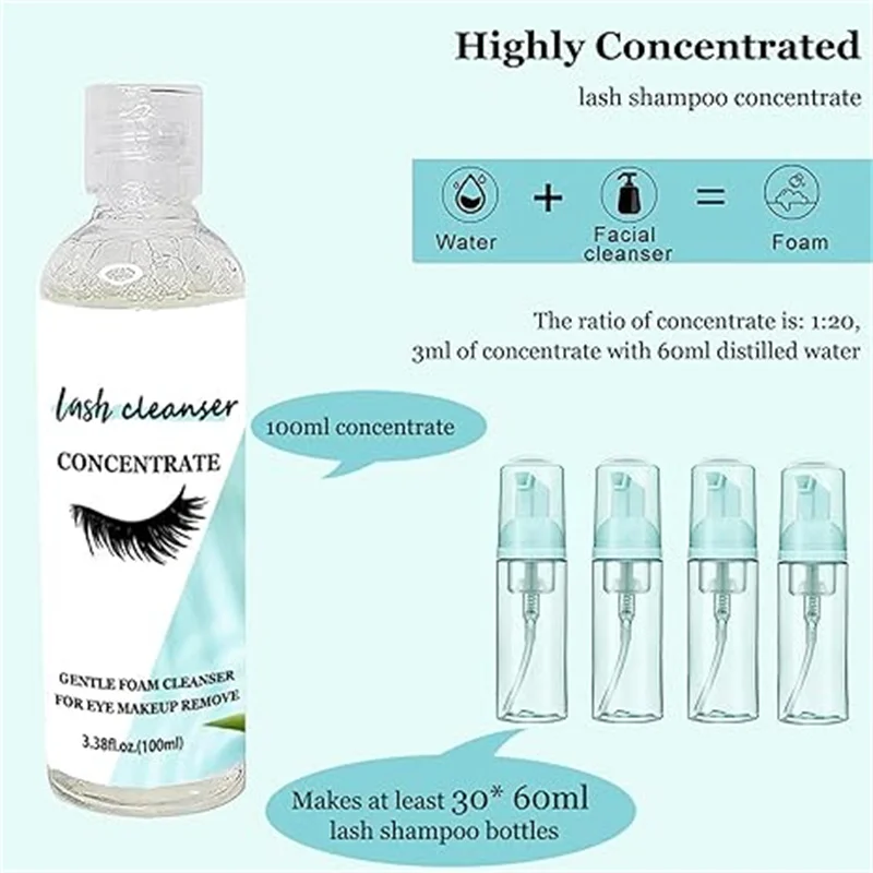 Analyste de nettoyage de cils en mousse concentrée, shampooing pour cils, nettoyant pour extension de cils, salon, tasse à mesurer, brosse, outil de maquillage, 4 en 1, 100ml