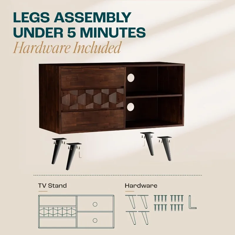 45 Inch Solid Wood TV Stand, Under 10 Minutes Assembly Entertainment Center with Storage, Geometric Pattern TV Console