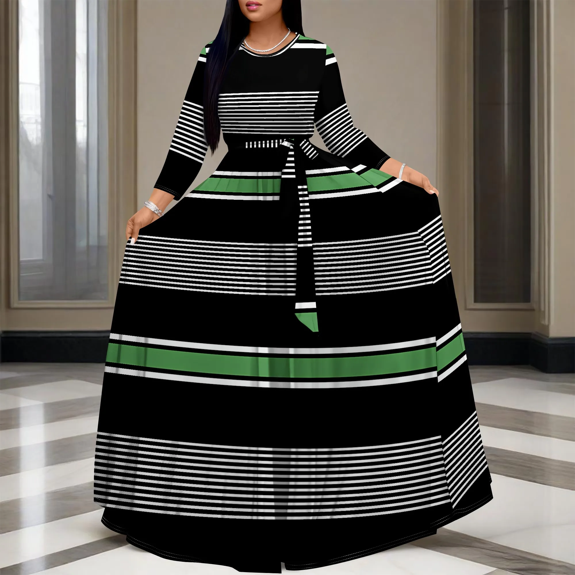 

Women's Summer Autumn 3/4 Sleeve V-neck Long Dress, 3D Printed Princess Skirt With Pockets And Waist Belt