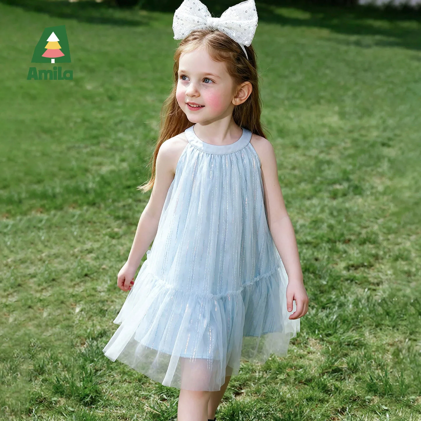 Amila 2026 Summer New Girls' Dress With Sequined Mesh Light Luxury And Gorgeous Temperament Sleeveless Hanging Neck Skirt