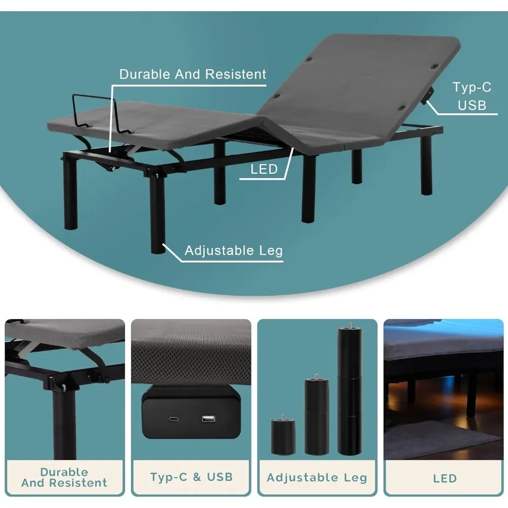 Electric Adjustable Bed Frame Bed Base, Zero Gravity,USB Type C Charging- Head and Foot Incline,Under Bed Lighting,Easy Assembly