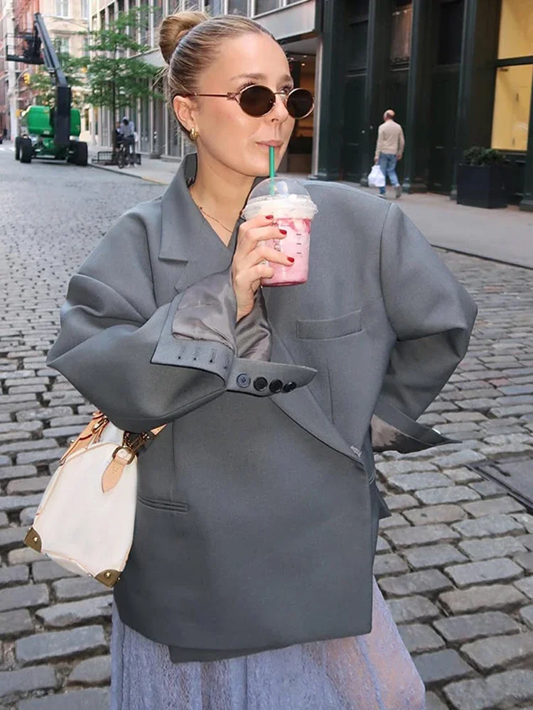 Casual Solid Women Blazer Coat Fashion Lapel Long Sleeve One Button Loose Outerwear Autumn Female Chic High Street Overcoat