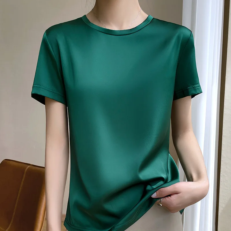 Short-sleeved T-shirts Women\'s New Slim Bottoming T-shirts Short Sleeves Simple Thin Tops Short Sleeves Satin Shirts for Women