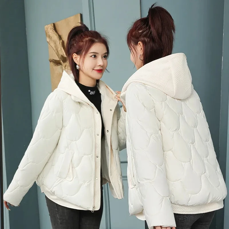2026 New Down Cotton Jacket Women's Winter Fake Two Piece Korean Version Loose Hooded Coat Parkas Casual Student Short Jackets