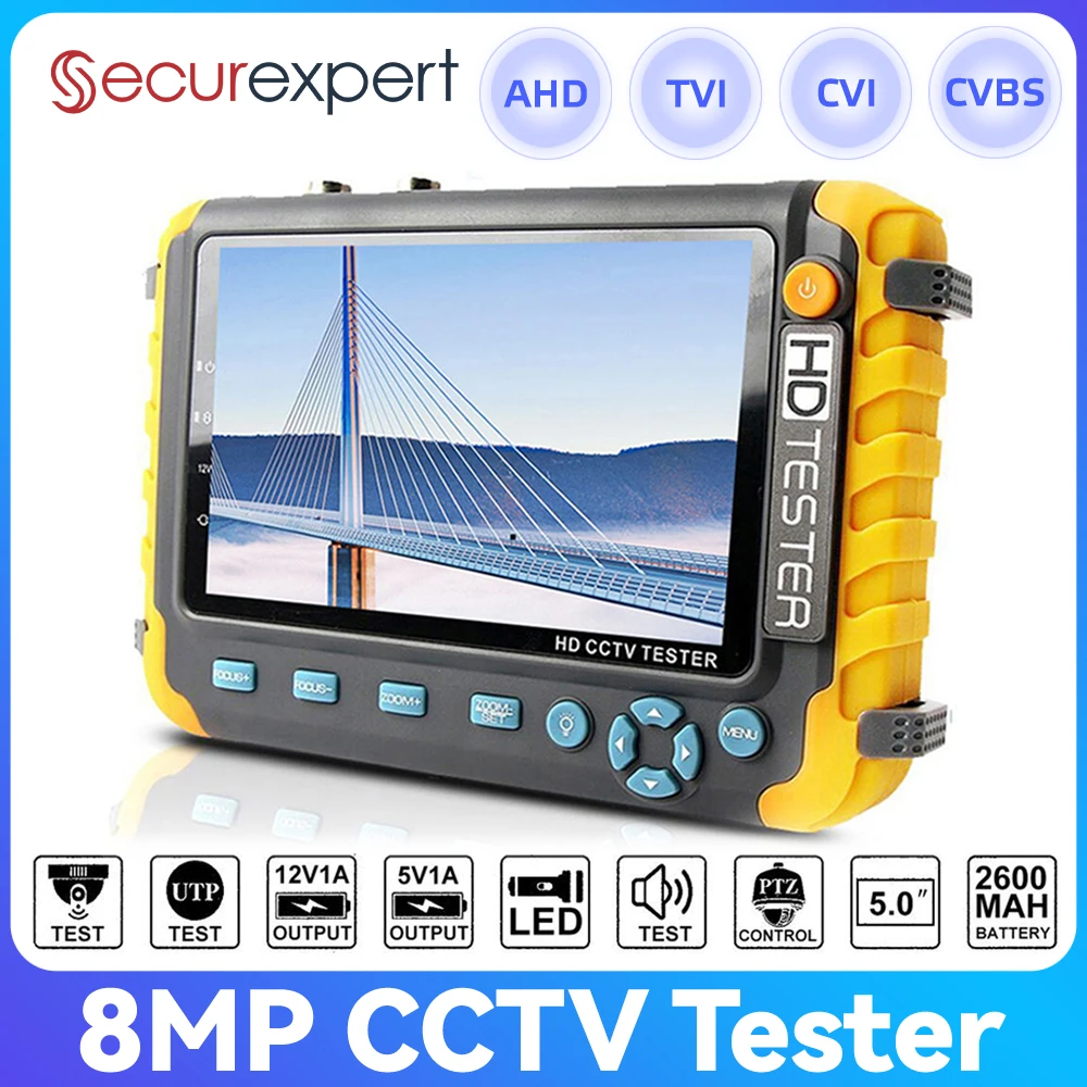 8MP 4 In 1 CCTV Tester 5 inch Camera Monitor 4K AHD/CVI/TVI CVBS Analog Camera Tester with HDMI VGA Input UTP Cable Test