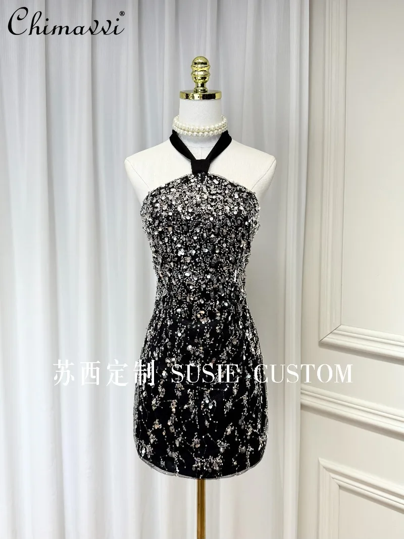 

High-End Light Luxury Sexy Halter Neck Bow Tie Irregular Gradient Beaded Sequin Dress Fashion Waist-Cinching Birthday Dresses