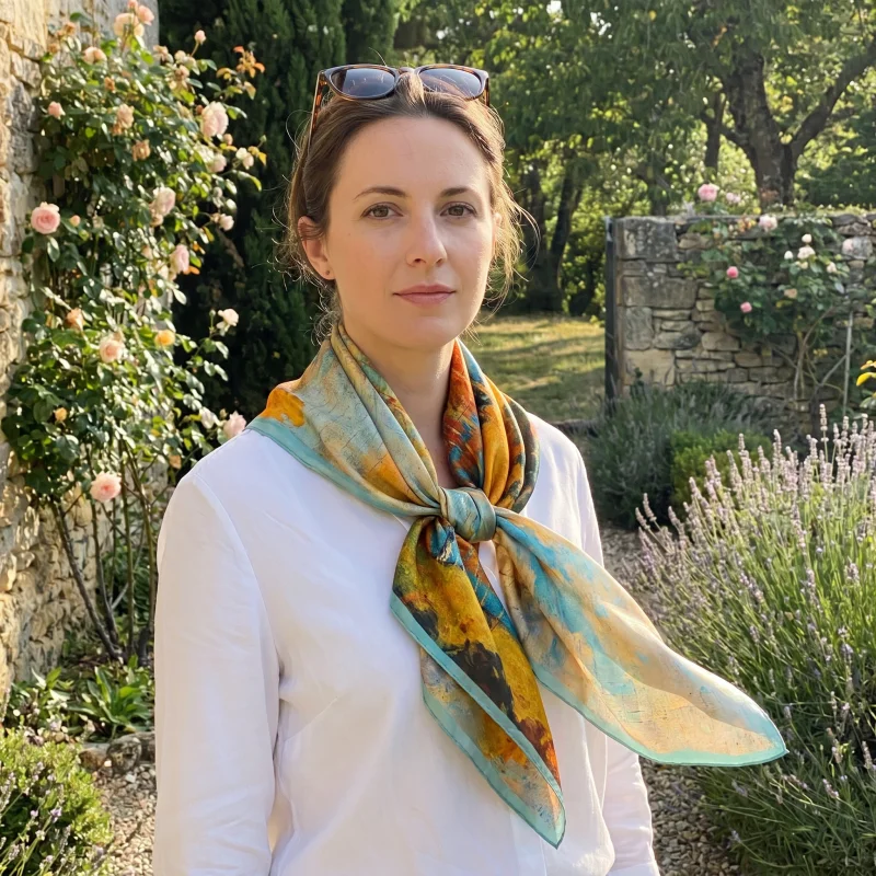 

100% Mulberry Silk Scarf 35" Square Headscarf Women’s Hair Wraps Travel Shawl (88*88cm) With Gift Packed Orange Oil Painting