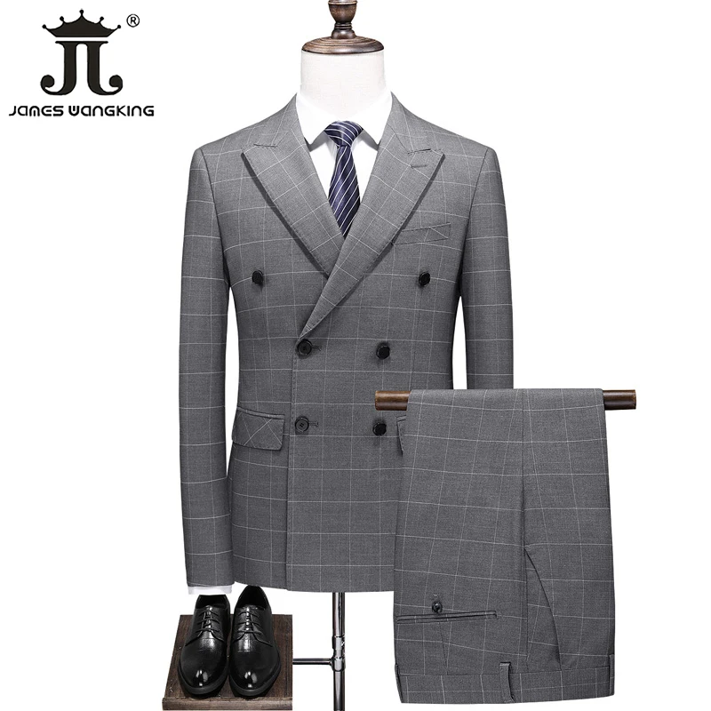 ( Blazer + Vest + Pants ) High-end Boutique Fashion Plaid Gray Men\'s Formal Business Suit Three-piece Set Groom Wedding Dress