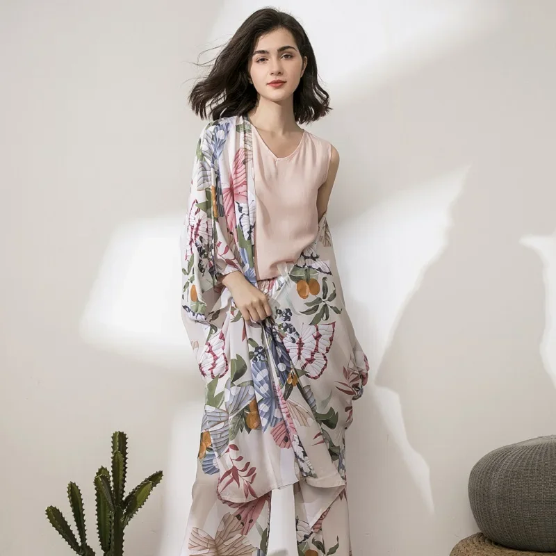 Women Pajamas Sets Autumn Butterfly Floral Printed Elegant 4 Piece Pyjamas Set Viscose Female Night Suits Pyjamas Sets 2021