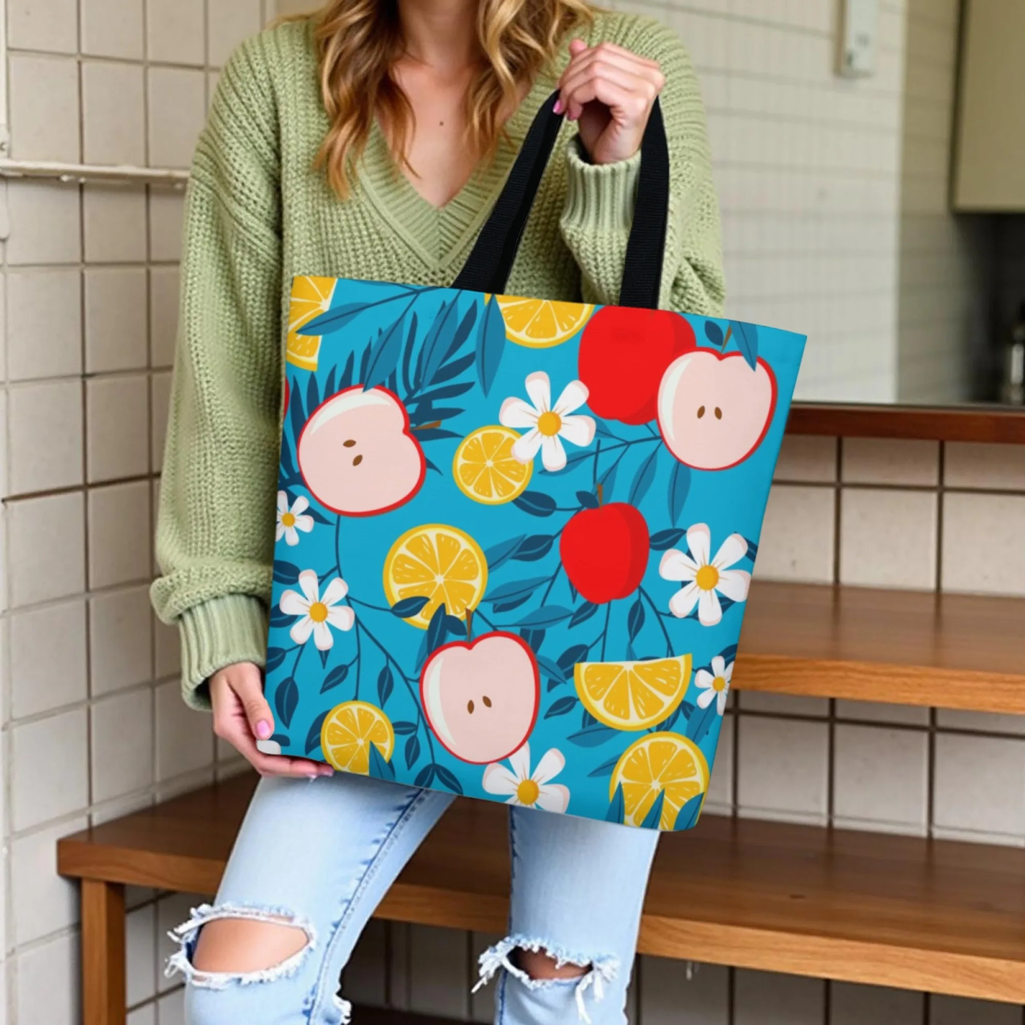 حقيبة تسوق قماشية من قماش التفاح والليمون الأزرق، حقيبة تسوق صيفية طازجة قابلة لإعادة الاستخدام للنساء مثالية لرحلات السوق اليومية