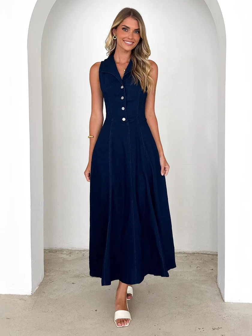 

Ретро-синее джинсовое платье с V-образным вырезом и завышенной талией, сексуальное, стройнящее, летнее вечернее платье для женщин, с высокой талией, длинная юбка, повседневная одежда