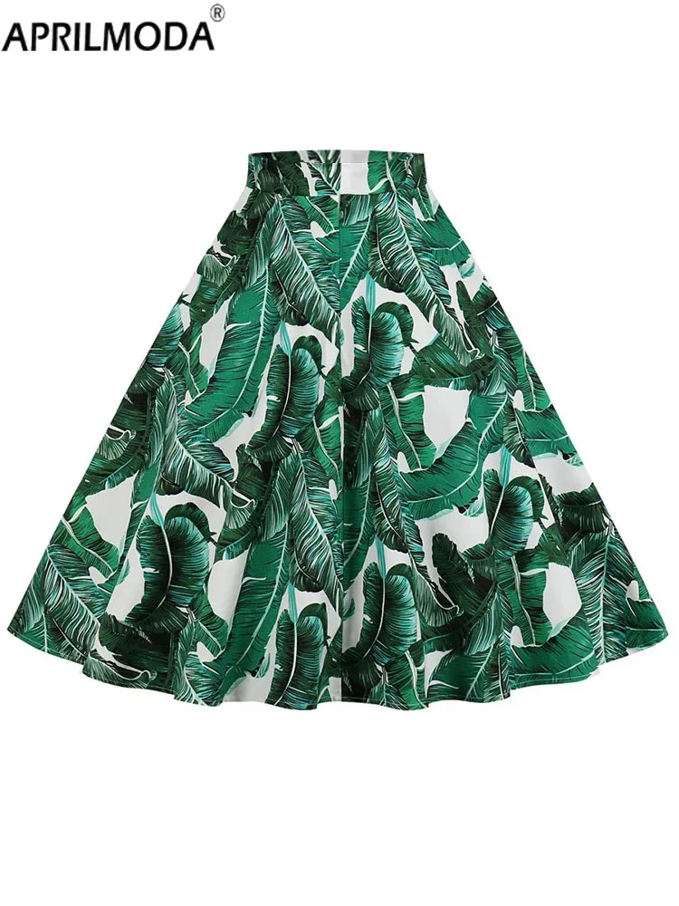 2025 Cotton Floral Printed 1950s Style A Line Swing Vintage Skirt Retro Vintage Punk Summer Women Black White and Green Skirts