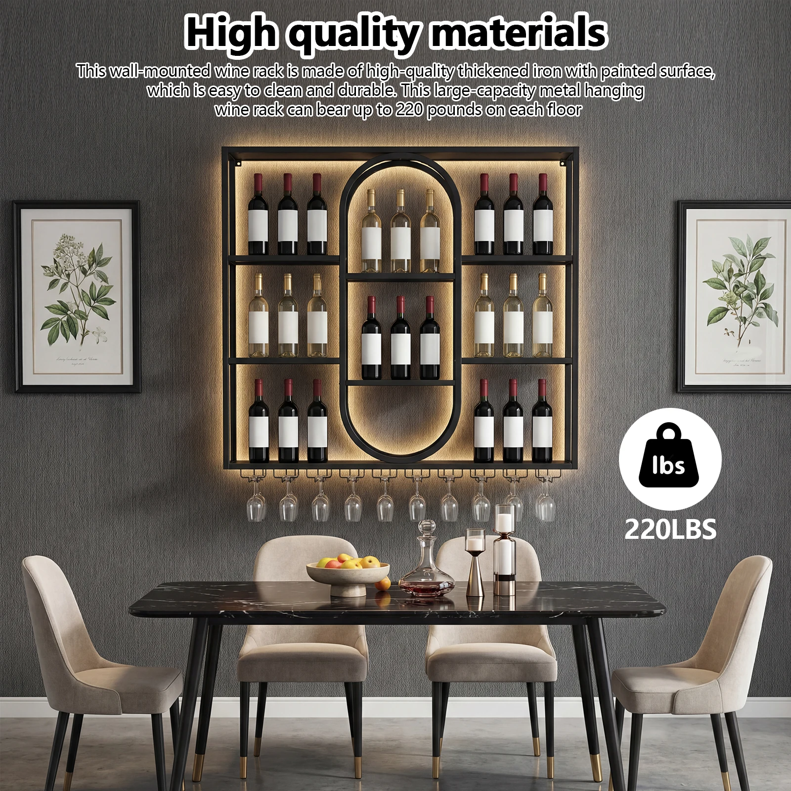 

47in 3 Tier Liquor Bottles Floating Shelves with Glass Holder Liquor Bottle Display Storage Shelf for Kitchen Living Room Home