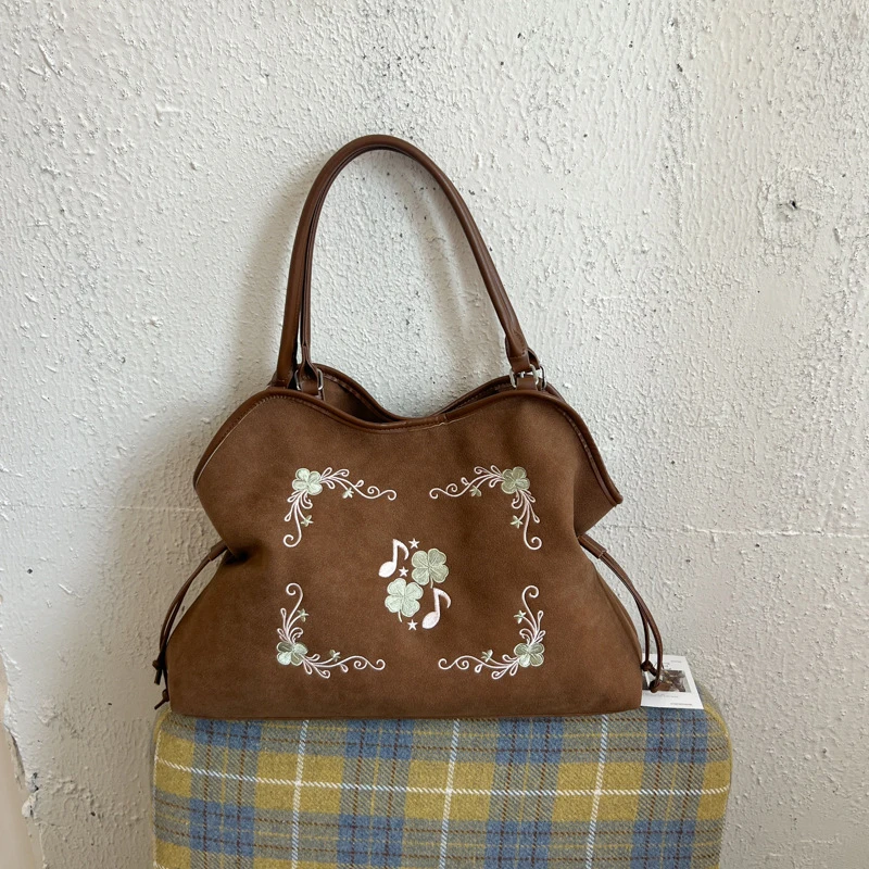 Koreanische Umhängetasche mit Kordelzug, ethnische Blumen- und Musiknoten-Stickerei, große Handtasche für Damen, Vintage-Handtasche für den Winter. – Detail 8