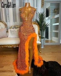 Orange Sequin Prom Dresses 2023 Sparkly Rhinestone Split Feathers Evening Dress Sheer Neck Black Girls Party Gowns