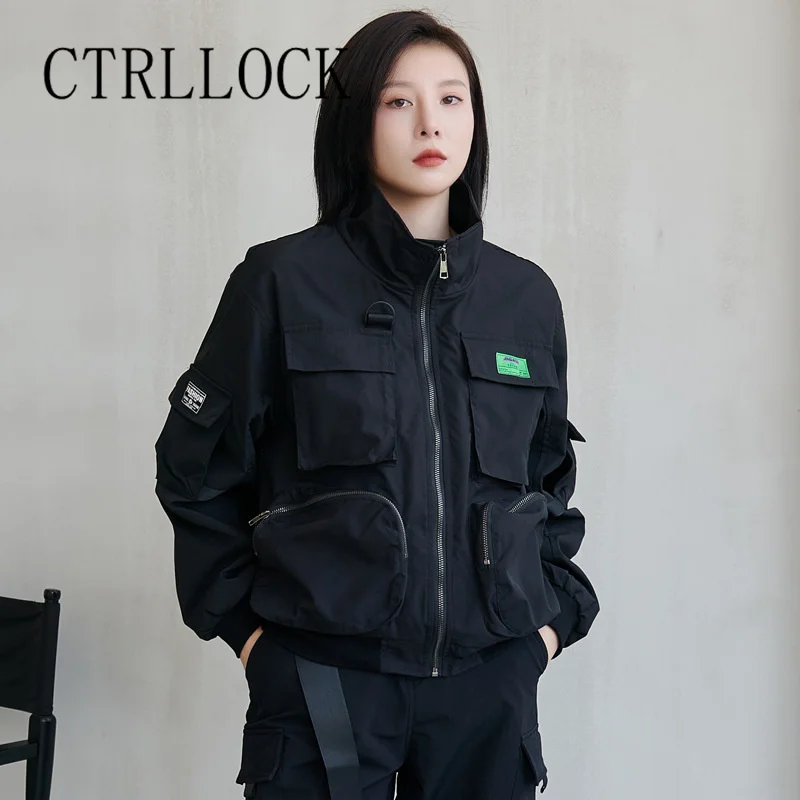 

CTRLLOCK Techwear Women's Pocket Zipper Jacket Loose Stand Collar Long Sleeve Black Motorcycle Style Casual Baseball Outerwear