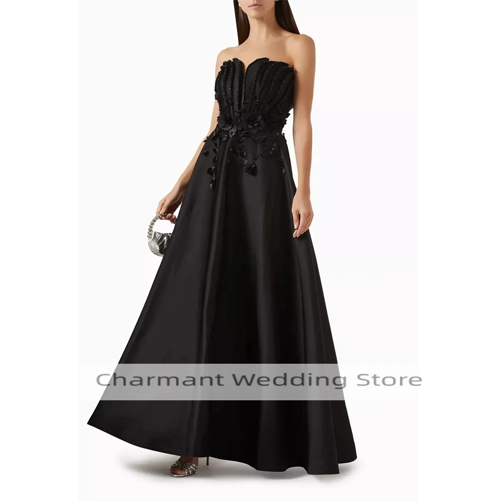 فستان سهرة كلاسيكي عالي الجودة من الساتان بطول الأرض بدون حمالات بدون أكمام فستان حفلة موسيقية مطرز بالخرز فيستدوس دي فييستا حسب الطلب