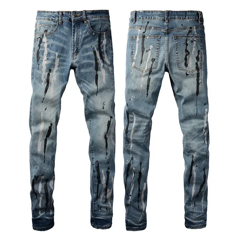 European and American Fashion Men's Slim-fit High-street Jeans with Ripped Holes and Splashed Ink. Elastic and Casual.