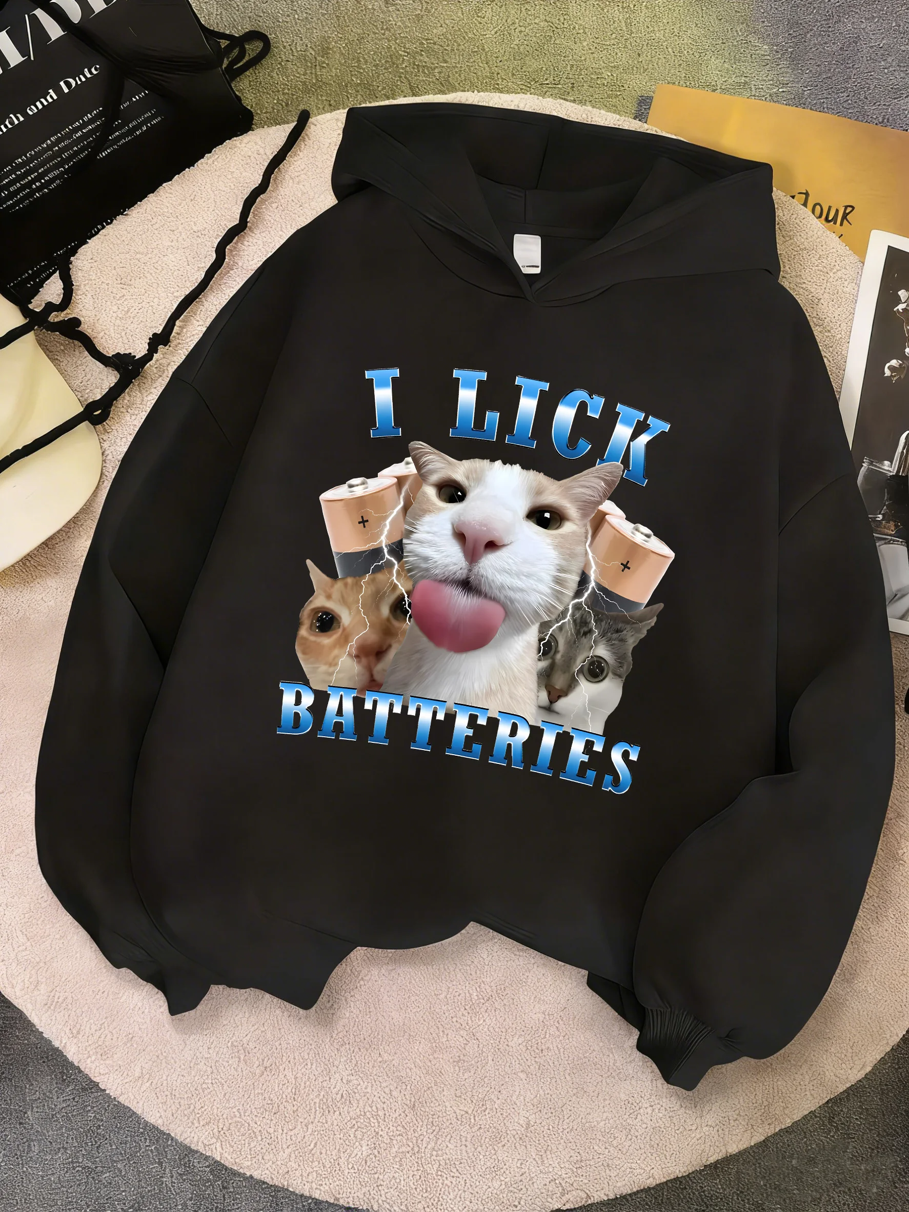 Lustiger „I Lick Batteries“ Katzen-Print Hoodie für Kinder, Niedlicher Harajuku Kapuzenpullover für Jungen und Mädchen, Herbst-Frühling Casual Hoodies
