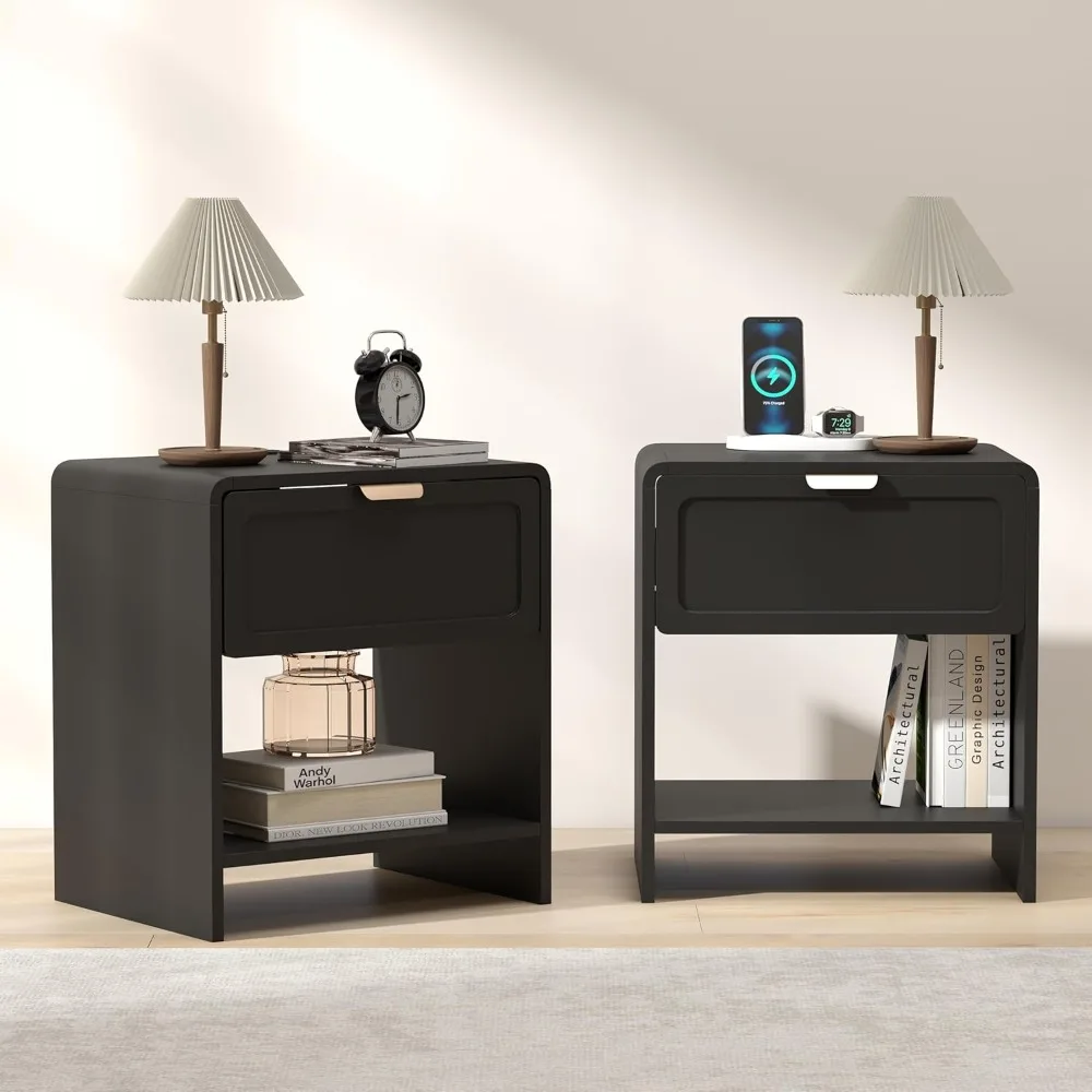 

Bedside table set (2 pieces), medieval-modern style bedside tables with charging station and rounded top corners, Customizable