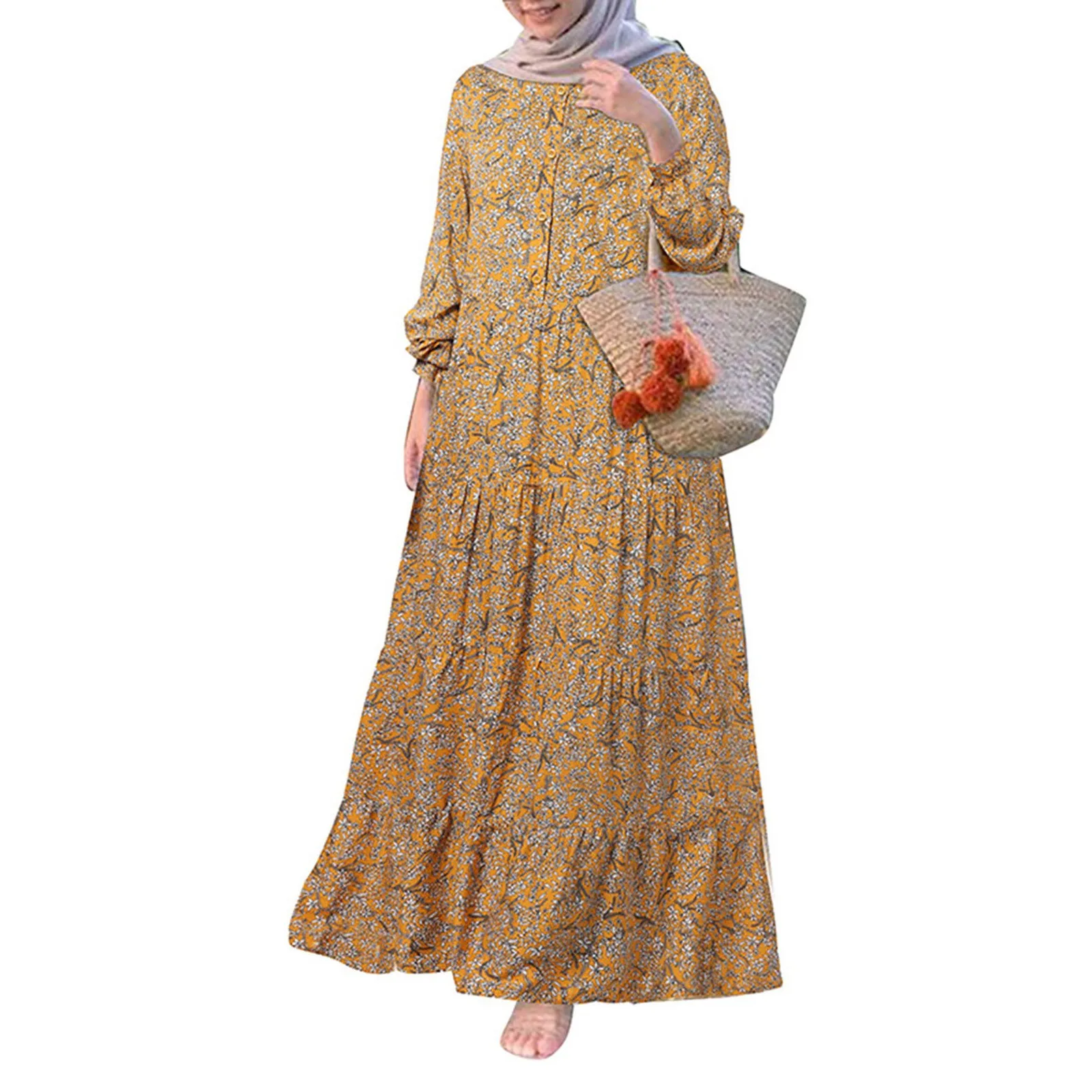 Muslim Dresses For Women Long Sleeve Round Neck Floral Printed Maxi Dresses Loose Causal All-Match Big Swing Dresses Plus Size