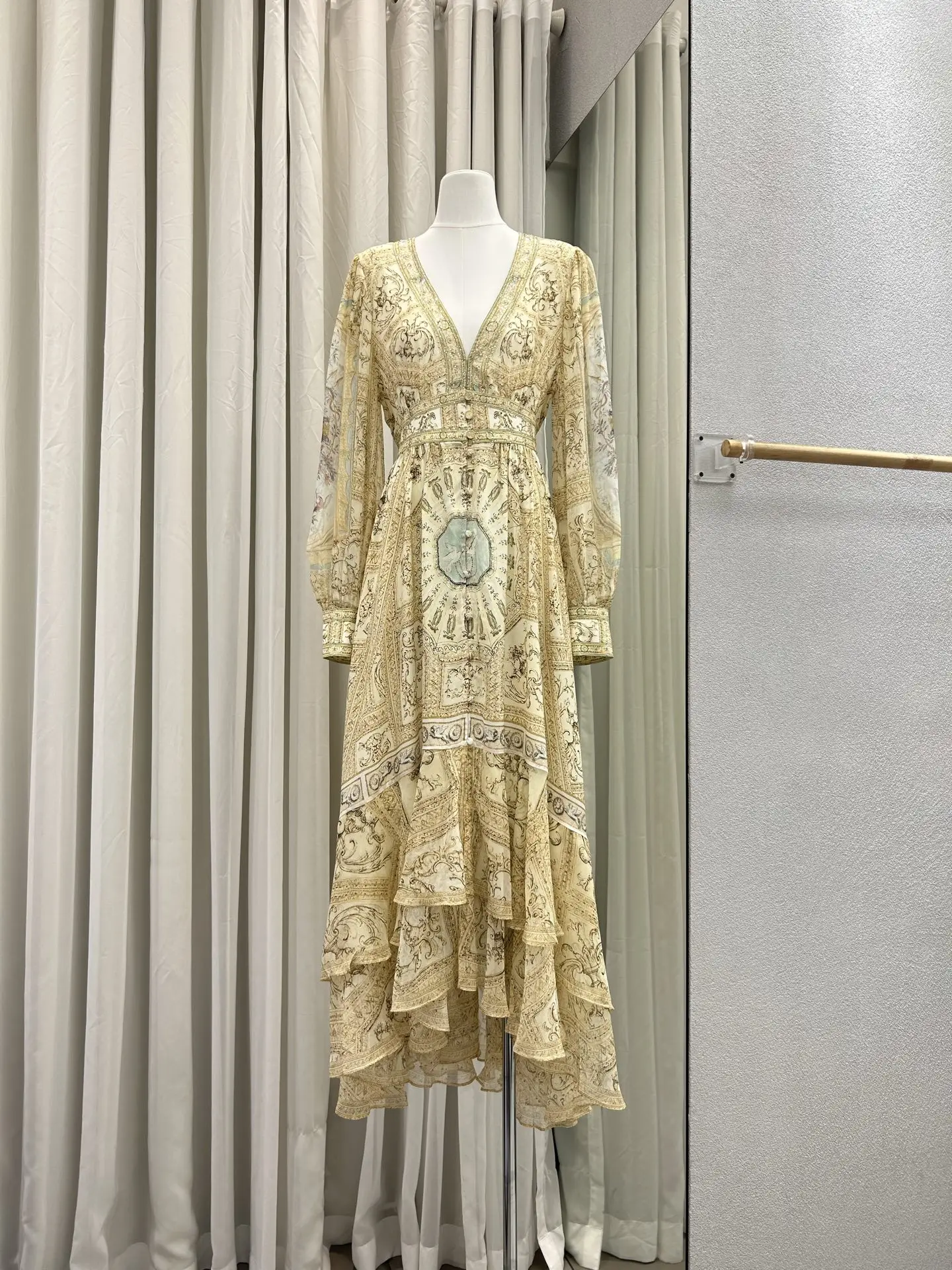 

100% Silk Women Retro Print Maxi Dress Crystal Beaded V-Neck Long Sleeve Single Breasted Vintage Ladies Robe