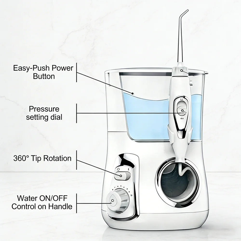 

Электрический ирригатор для полости рта с 10 режимами, резервуаром 800 мл, 5 насадками, настольный, для ухода за зубами и свежего дыхания