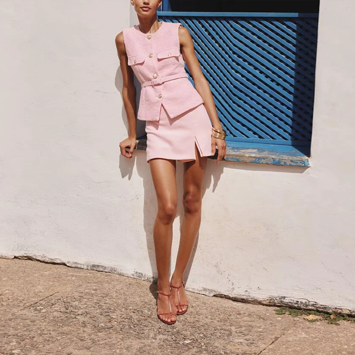 

Текстурированный жилет Ele, новинка лета 2025, женский жилет с поясом на талии, модный цветной полиэстер Z для поездок на работу