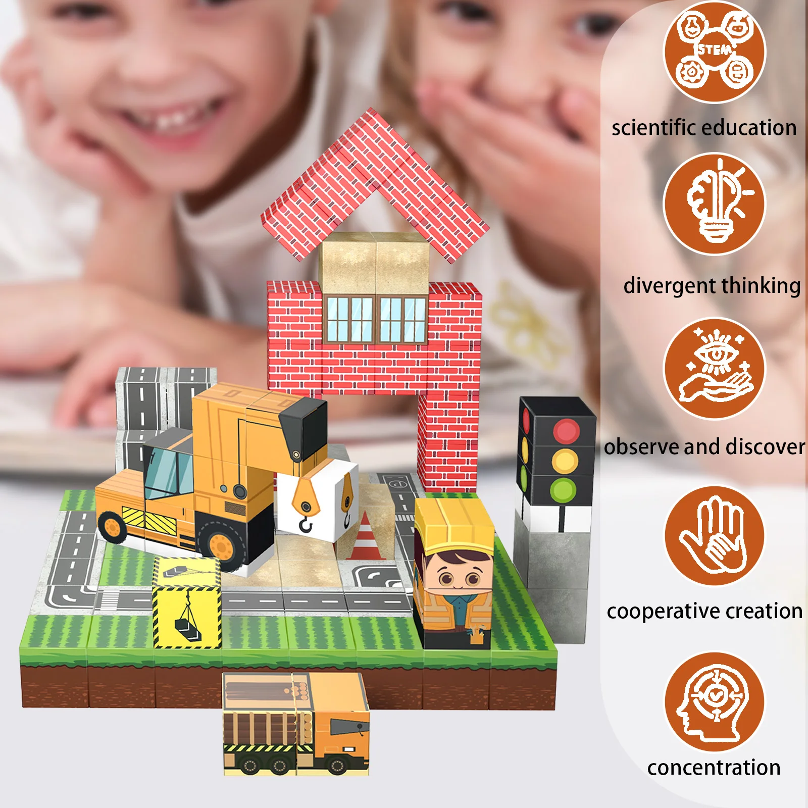 Conjunto de blocos de construção magnéticos de 103 peças-brinquedos de haste de cidade de construção para crianças, kit de engenharia educacional com carros e sinais, criar