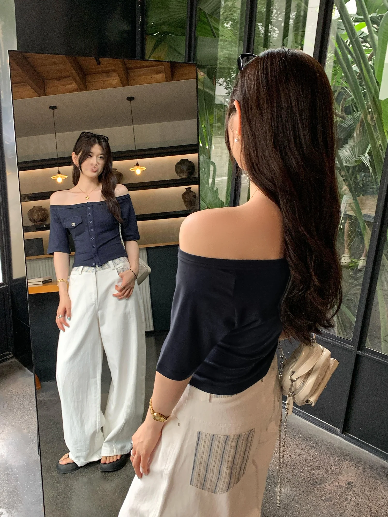 Mature Light Short Sleeve Shoulder Bared T Shirt Summer New Design High Level Qing Blue Color Commute Style Women's Top