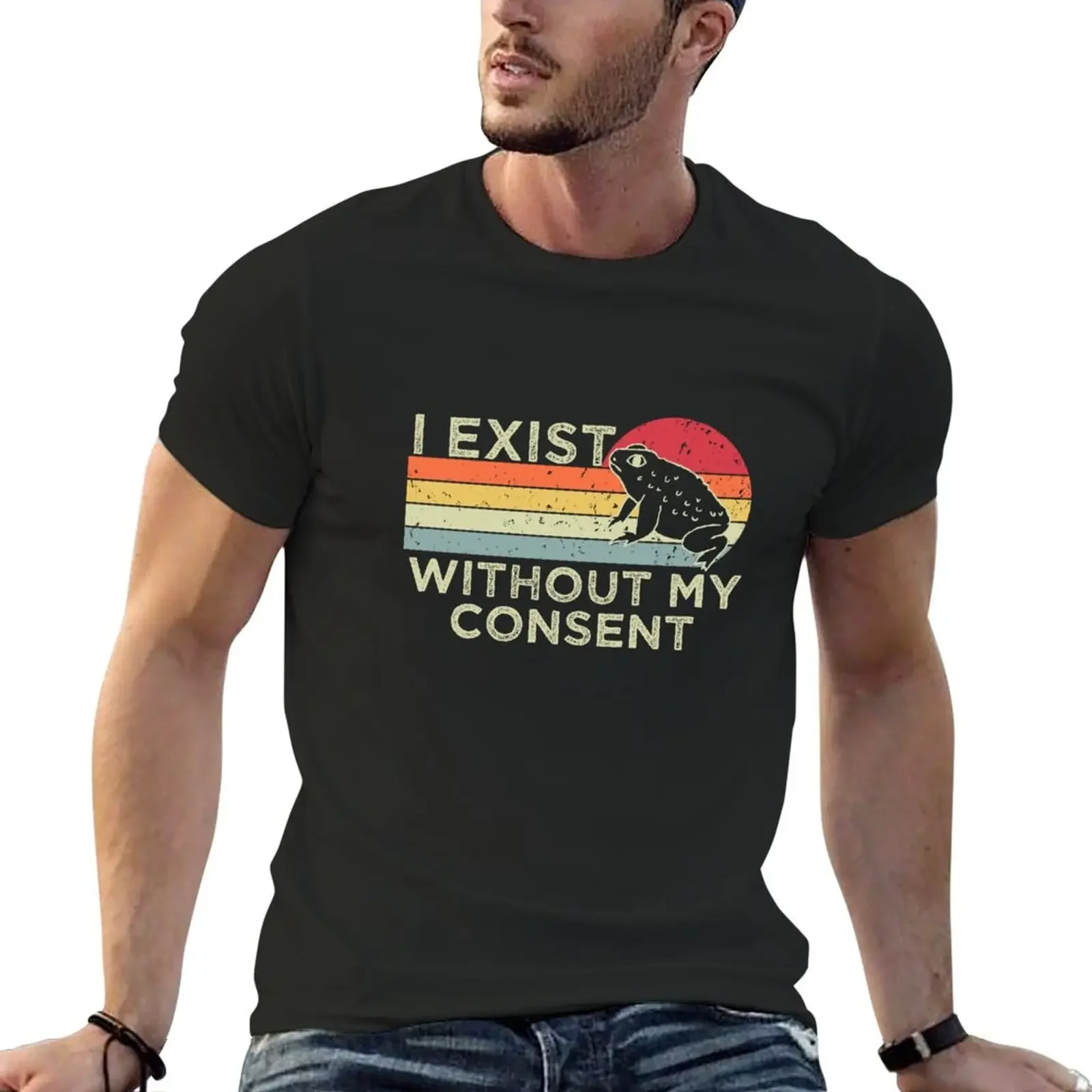 i exist without my consent , funny frog T-Shirt blacks vintage clothes summer tops clothes for men