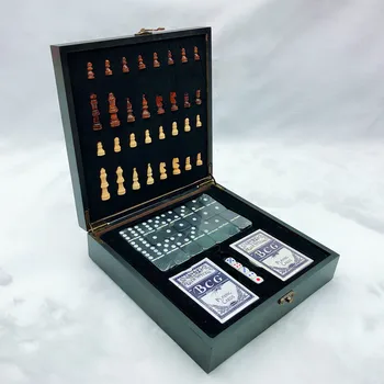 Wooden Chess Dice Domino 4-in-1 Set Board Game Chessboard Giochi Chess and Card Fun Entertainment Suit