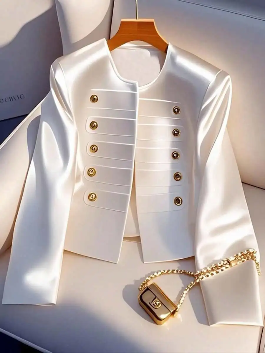 

Elegant White Satin Double-Breasted Jacket with Gold Buttons for Women, Autumn Style