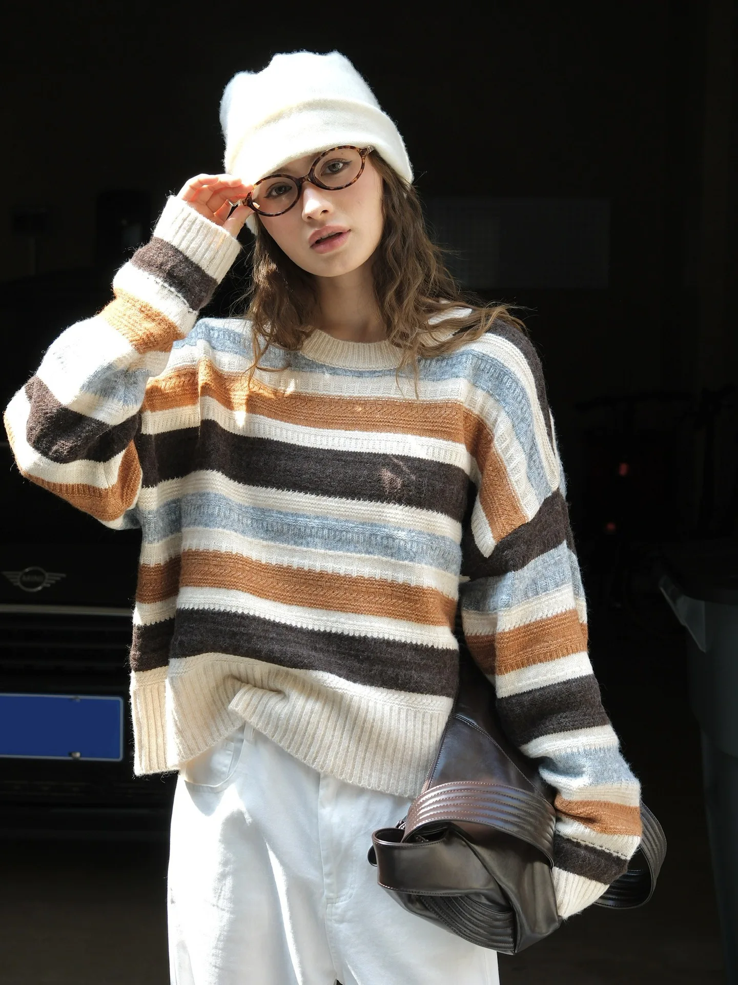 Spring and Autumn Women\'s Casual Striped Round Neck Long Sleeve Loose Sweater