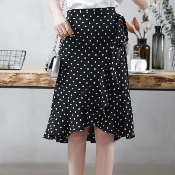 Polka Dot Ripple Chiffon Skirt Summer Women's Wrap Skirt High Waist Mermaid Skirt One-Piece Irregular Ruffled Lace-Up Skirt