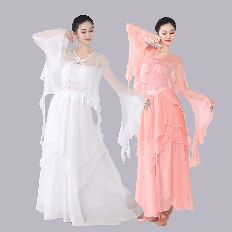 Одежда для танцев, элегантное сетчатое плиссированное платье с асимметричными краями, танцевальное платье, кардиган, камзол-кюлоты, брюки, однотонный комплект из трех предметов