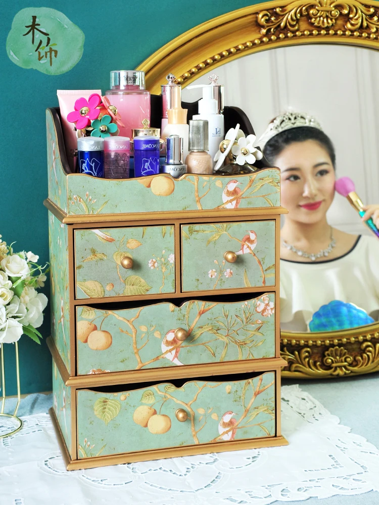 Wooden cosmetic storage box Dressing table Lipstick facial mask Desktop large American skin care multi-layer shelf