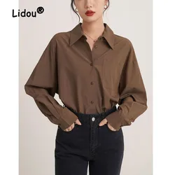 빈티지 패션 포켓 싱글 브레스트 블라우스 여성 새로운 클래식 폴로 칼라 한국어 느슨한 모든 경기 레이디 쉬폰 셔츠 2023