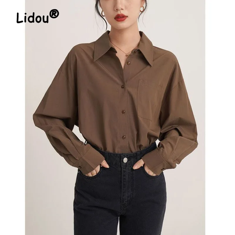 Vintage Fashion Pocket Single-breasted Blouse Women New Classic Polo Collar Korean Loose All-match Lady Chiffon Shirt 2023