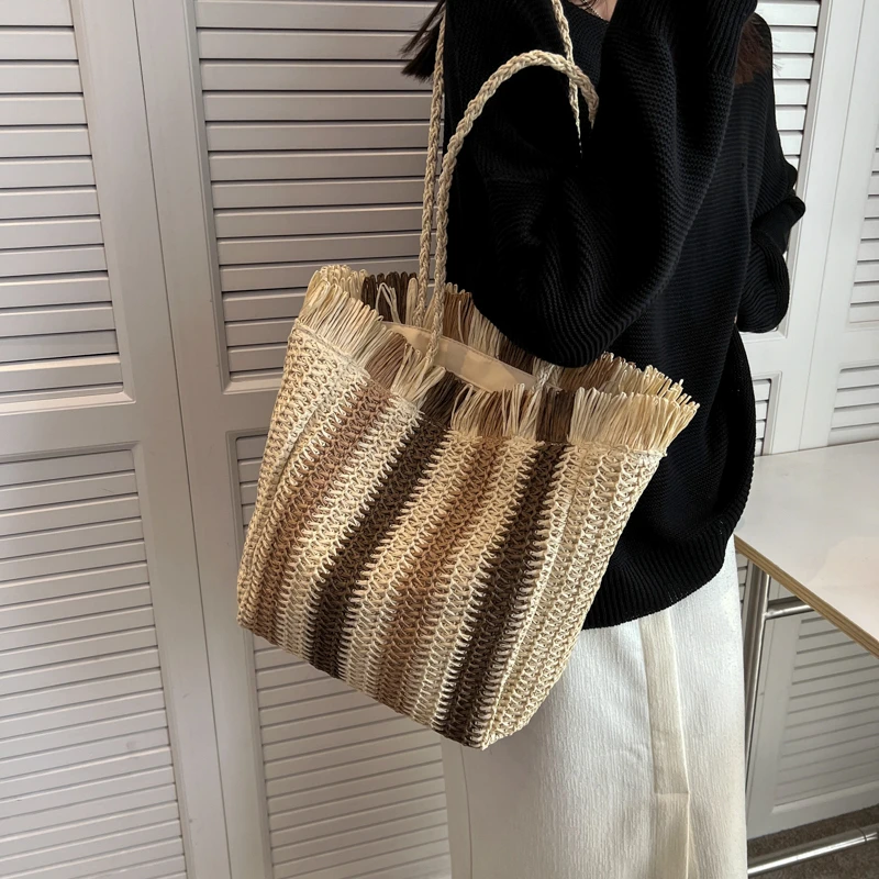 Fashion Straw Woven Shoulder Bag Stripes Handmade Summer Beach Top-handle Handbag Travel Holiday Women Vacation Shopper Totes