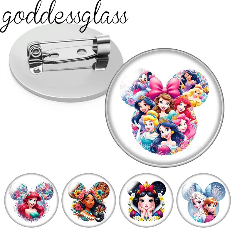 Disney Mickey Head Princesses Elsa Rapunzel Face Photo Glass cabochon Brooch pinback button Bag Clothes Denim Jeans Lapel Pin