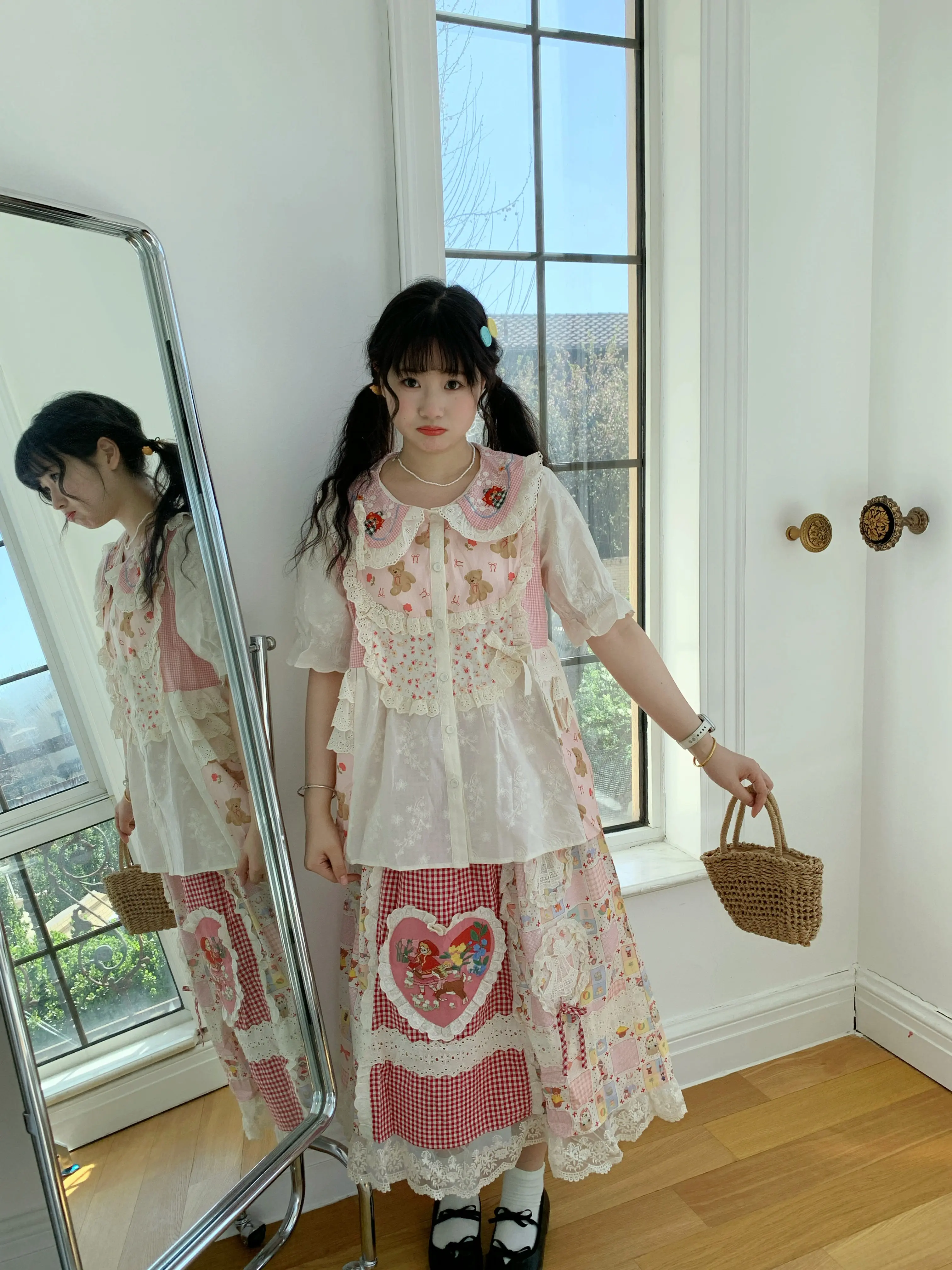 Japanese Sweet Mori Girl Cartoon Lace Patchwork Skirt Women Spring Summer Kawaii Elastic Waist A-Line Skirts