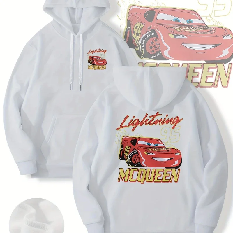 2025 Disney Car Lightning McQueen Hoodie - Men's Blue Racing Graphics Pullover Sweatshirt Casual Loose Hooded
