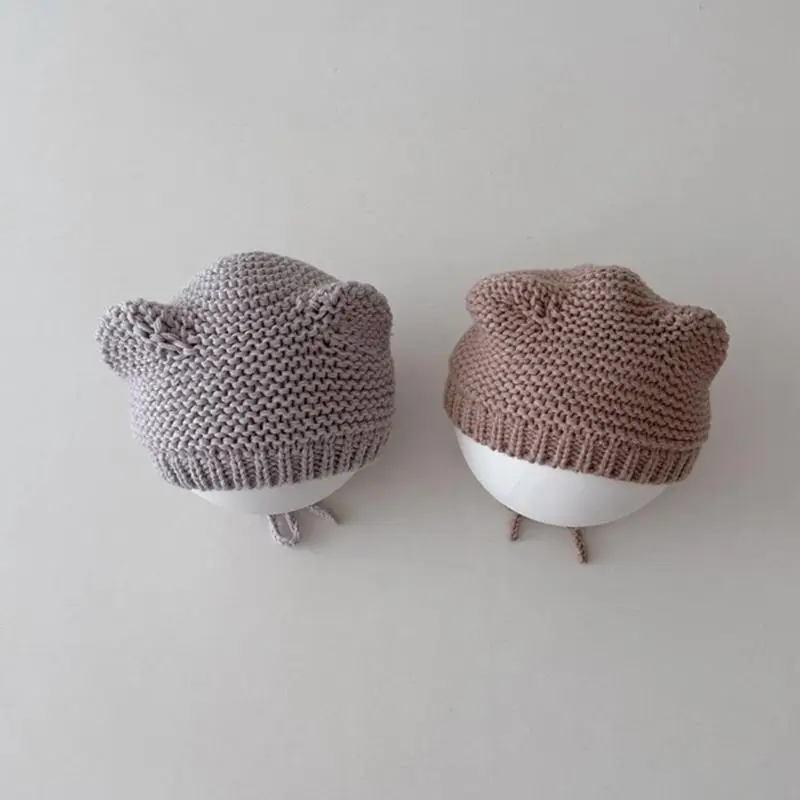 

Q22D Симпатичная кошачья ухо вязаная шляпа вдыхает младенцы Beanie Cap Korean Bonnet