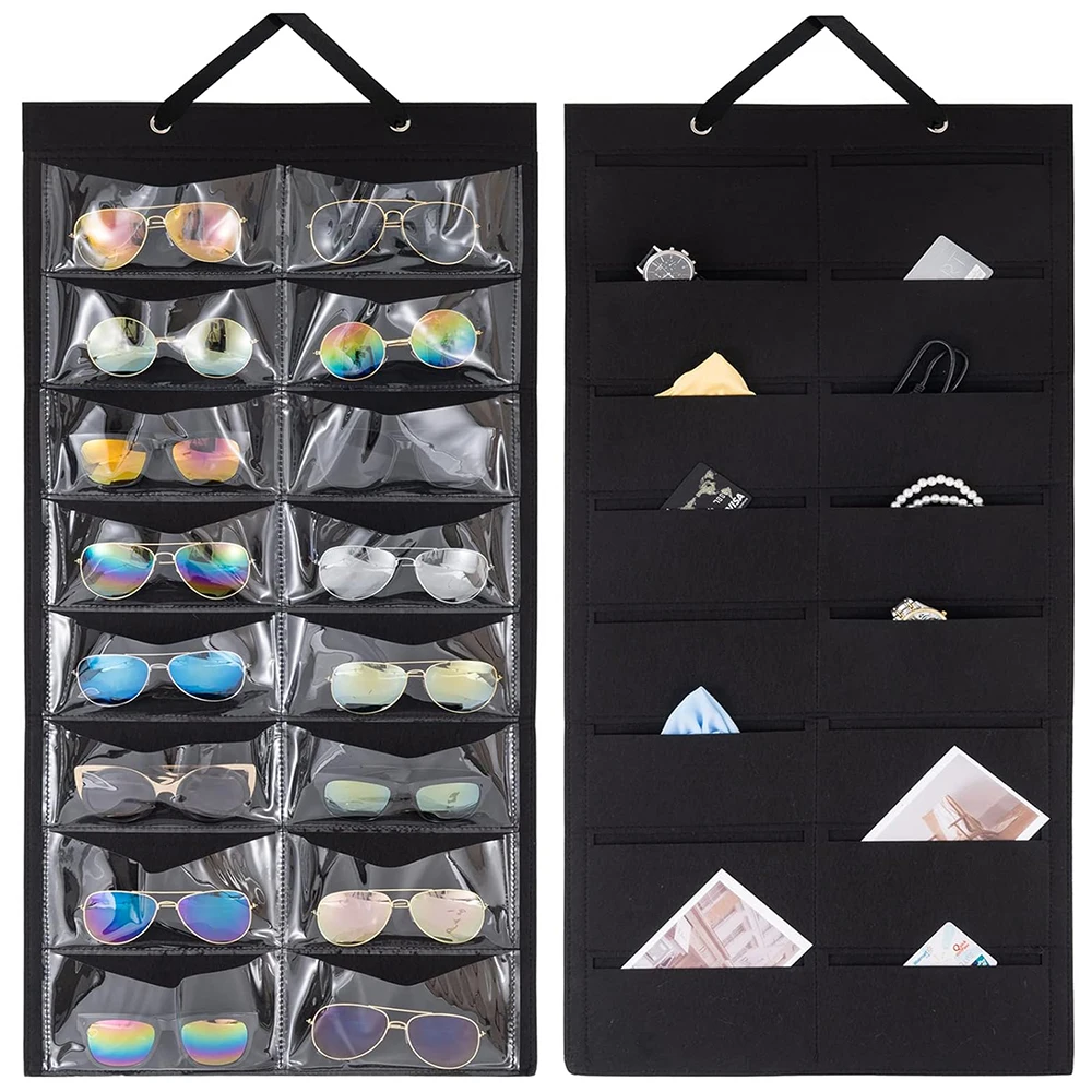 

Dual-sided Hanging Sunglasses Organizer Dust-Proof Glasses Storage Bags Wall Pocket Eyeglasses Display Case with 32 Slots