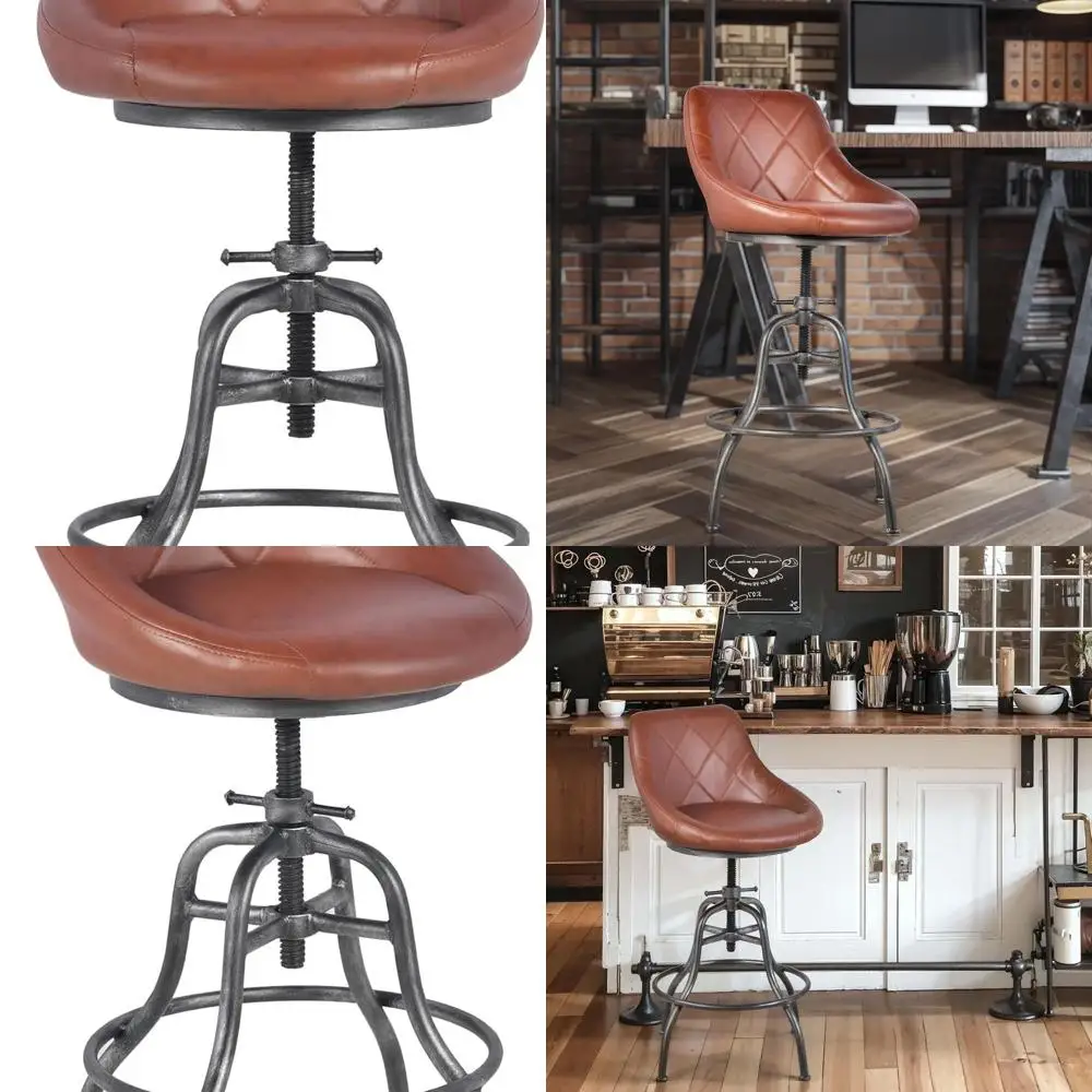 

Винтажный кожаный барный стул с регулируемой высотой, спинкой из искусственной кожи и подставкой для ног, 22,44-27,17, для кухни и столовой, коричневый