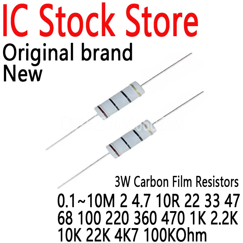 100PCS Carbon Film Resistors 5% Ring Power Resistor 3W 0.1~10M 2 4.7 10R 22 33 47 68 100 220 360 470 1K 2.2K 10K 22K 4K7 100KOhm