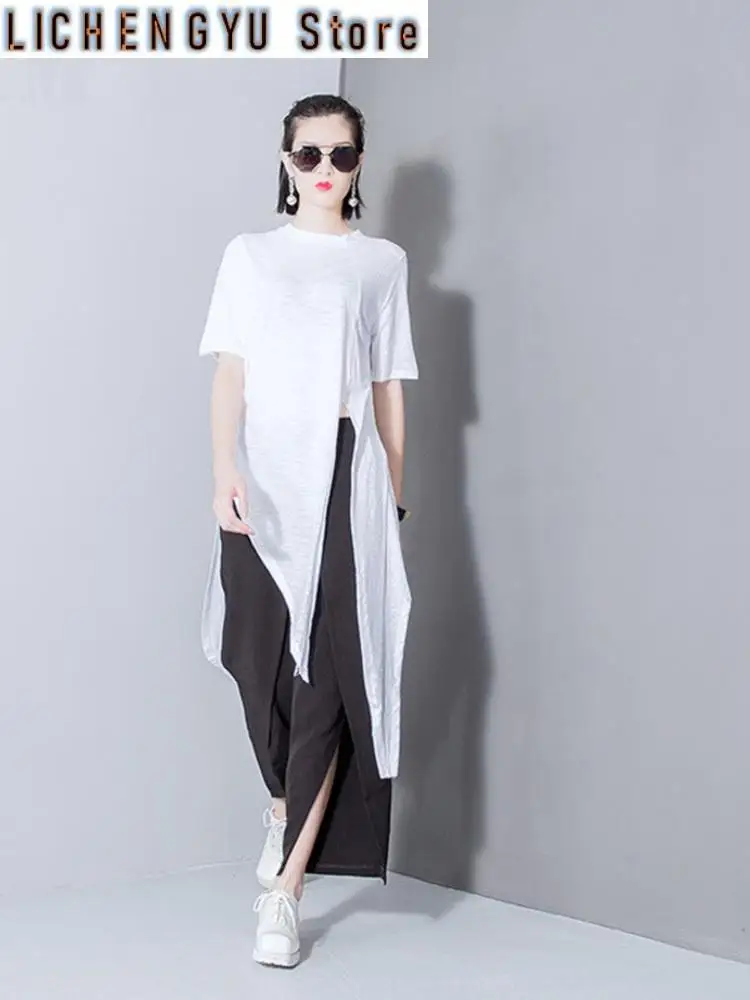 Women White Solid Color Asymmetrical Vent Long T-shirt New Round Neck Short Sleeve  Fashion Tide  Spring Summer