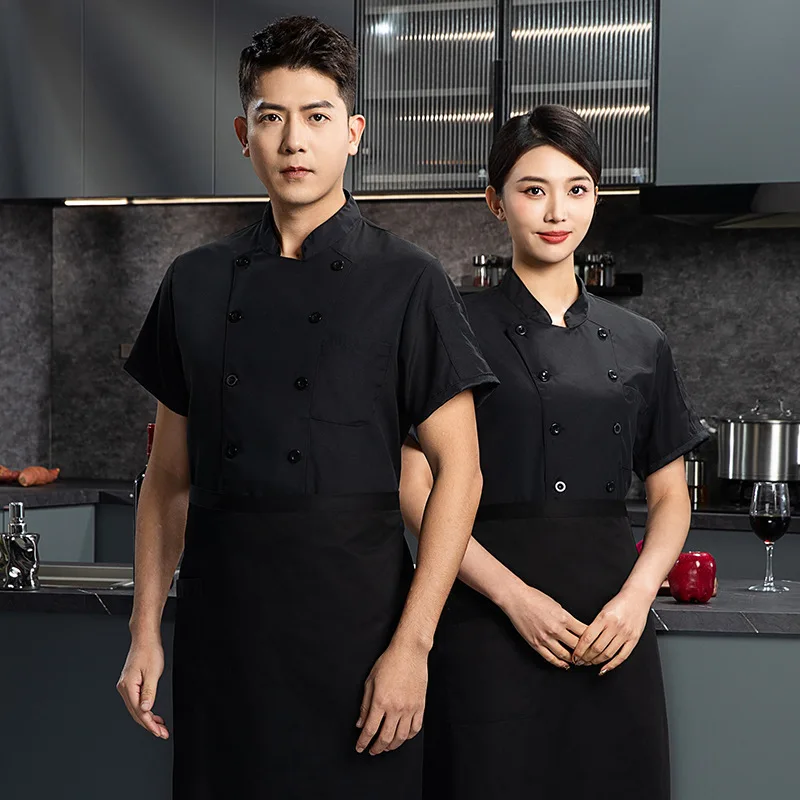 Double Breasted Chef's Top Men's and Women's Solid Color Kitchen Uniform Back Kitchen Top Short Sleeved Front Button