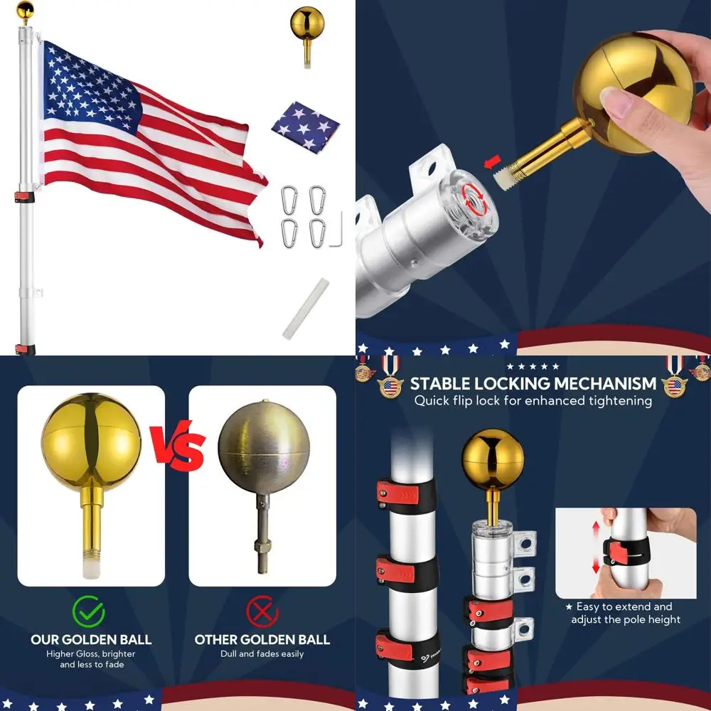 

25-Foot Telescopic Aluminum Flagpole for Dual Flag Display with US Flag and Ball Top, Suitable for Outdoor and Garden Use